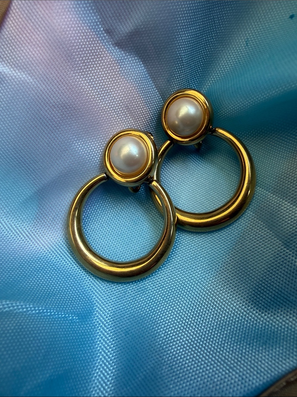 Trifari Gold-Tone Clip Hoop Earrings with Pearl Button Tops
